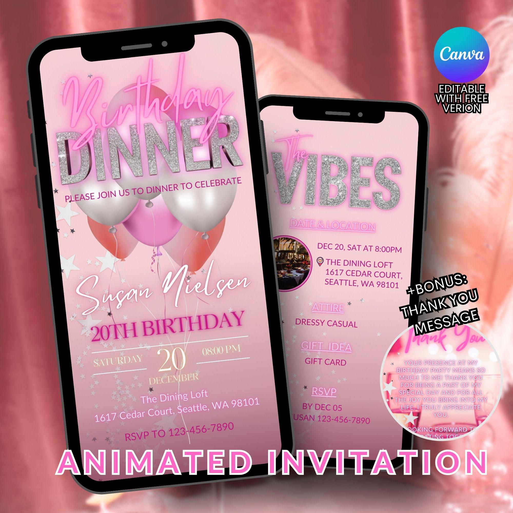 Pink Balloon Birthday Dinner Celebrate Digital Animated Invitation ...