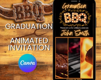 Graduation BBQ Animated Digital Invitation, Animated Grad Announcement, Grad Evite, Grad Party Invite, Canva Template, Motion Invitation