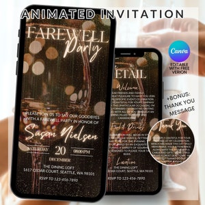 Modèle d'invitation de fête d'adieu animée champagne or haut de gamme sur toile vidéo d'invitation de mouvement pour un dîner de départ à la fête de départ en retraite