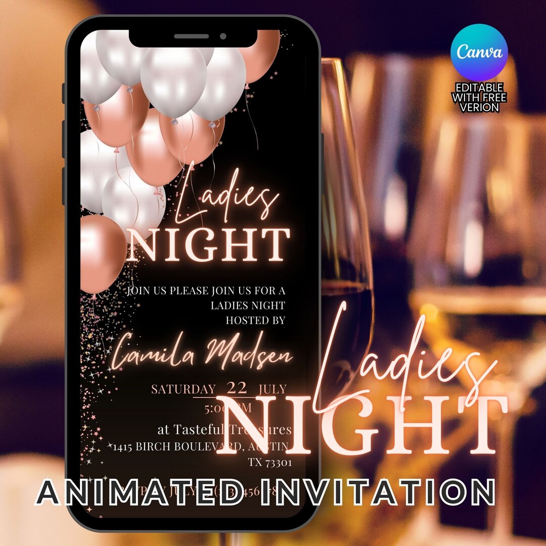 Rose Gold Ladies Night Animated Digital Invitation Template Editable ...