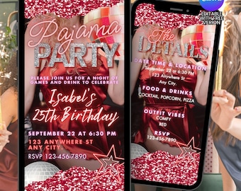 Glam Red Pajama Party Animated Invitation sleepover party Evite Editable Animated Slumber Birthday Party Motion Invitation Template Canva