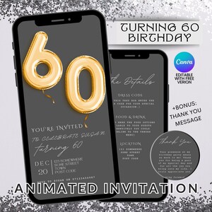 60th Birthday Party Minimal Gold Video Invitation Animated Sixty Elegant Evite Motion Invitation Birthday Party Invitation Editable canva