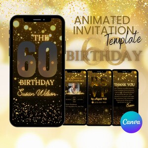 Golden 60th Birthday Party Video Invitation, Animated Sixty Black Gold Evite, Motion Invitation, Birthday Party Invitation, canva