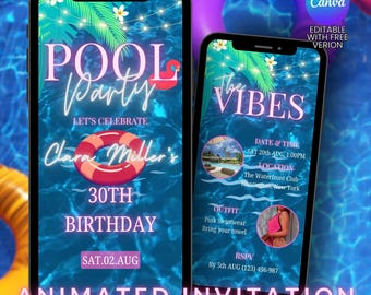 Pool Party Animated Birthday Celebrate Digital Invitation Template Editable Video Birthday Party Motion Invitation Video Canva