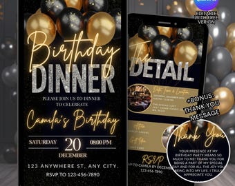 Black Gold Animated Birthday Dinner Celebrate Digital Invitation Template Editable Animated Birthday Party Motion Invitation Video Canva