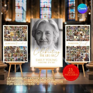 White Gold Funeral Photo Collage Sign Set Memorial Service Editable Canva Template Funeral Poster Board Celebration of Life Picture Display