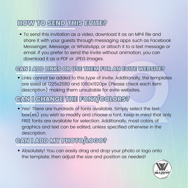 May include: A pink and white graphic with the text "HOW TO SEND THIS EVITE?" and a list of frequently asked questions about sending an Evite invitation. The text includes information about sending the invitation as a video, adding links, changing the font and colors, and adding a photo or logo.