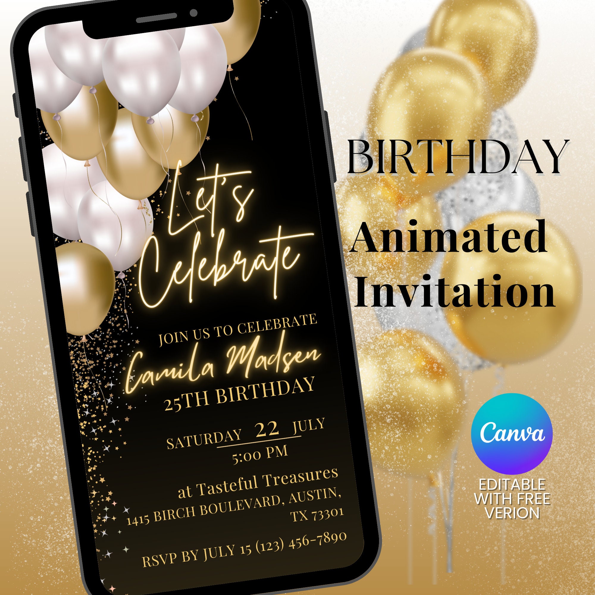 Gold Digital Celebrate Birthday Dinner Invitation Template Editable ...