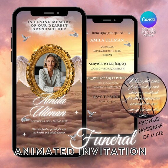 Funeral White Gold Elegant Video E-invite Funeral Animated Invitation Editable Funeral Digital Announcement Motion Invitation Template Canva