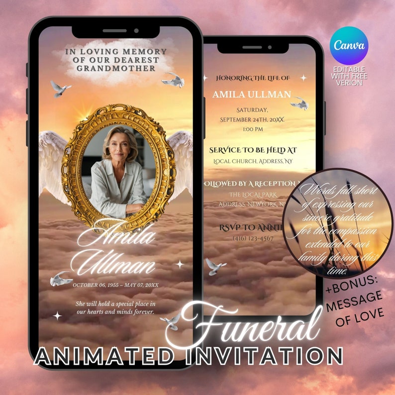May include: Animated funeral invitation with a photo of a woman in a gold frame against a background of clouds and doves. The text reads "In loving memory of our dearest grandmother" and "Honoring the life of Amila Ullman".
