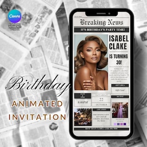 Peut inclure: Une invitation d'anniversaire numérique avec un design de journal. Le titre principal est "Breaking News: It's Birthday's Party Time!" avec le nom "Isabel Clake" et le texte "Is Turning 30!" L'invitation comprend les détails de la fête, y compris la date, l'heure, le lieu et le code vestimentaire. Le code vestimentaire est "Shades of Purple".