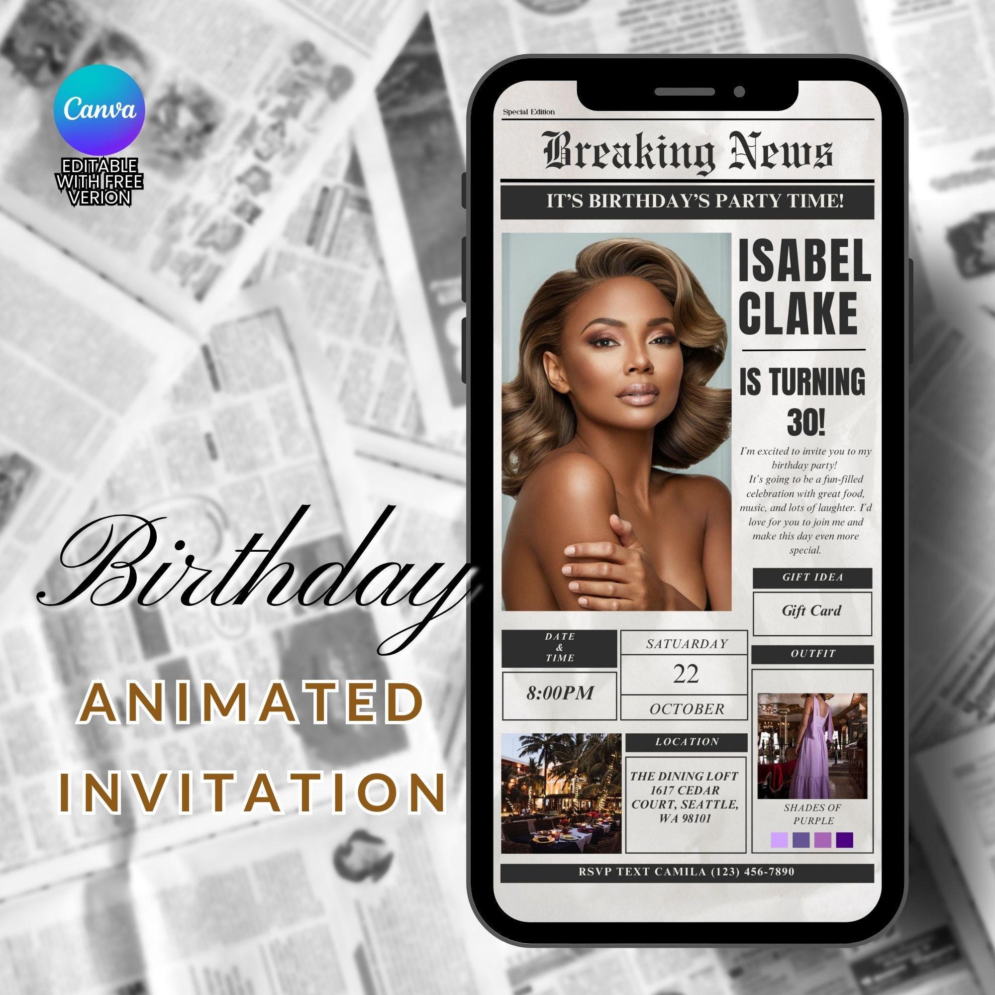 Digital Birthday Animated Invitation Party Newspaper Video Invitation Editable Template Animated Birthday Party Motion Invitation Canva