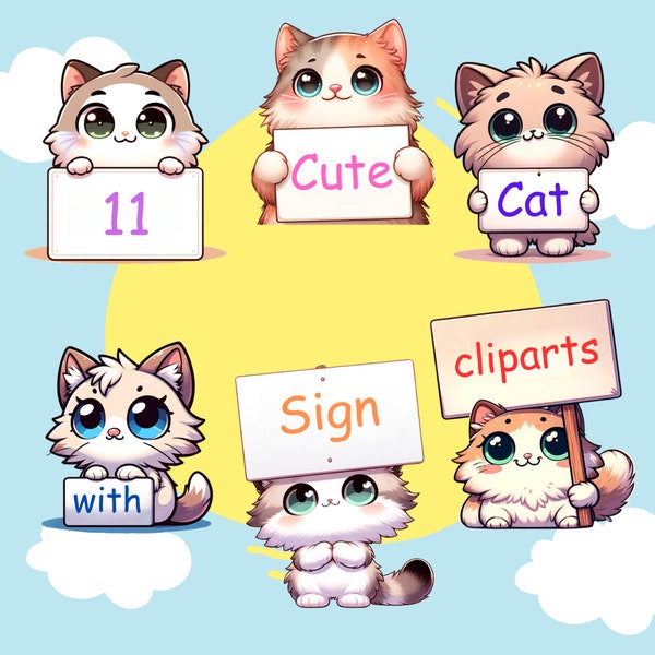 Cute Cat with Sign Cliparts, Adorable Kitty Graphics, Digital Cat Signs, Printable Kitten Illustration, Pet Themed Art for Crafts & Projects