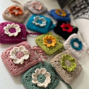 Crochet Granny Square AirPod Case, Small Pouch, Earbuds case, Flower Bag charm, Earphone case holder, Crochet 3D flower, Secret Santa Gift