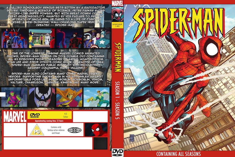 May include: DVD box cover for the animated series Spider-Man. The cover features a red and blue Spider-Man swinging through a city skyline. The text on the cover reads "Spider-Man" and "Season 1 - Season 5". The back of the box features a description of the series and images of various characters.