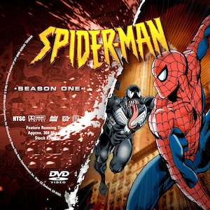 May include: DVD cover art for the first season of the animated series Spider-Man. The cover features a split image of Spider-Man and Venom, with the title "Spider-Man" in yellow letters and "Season One" in white letters.