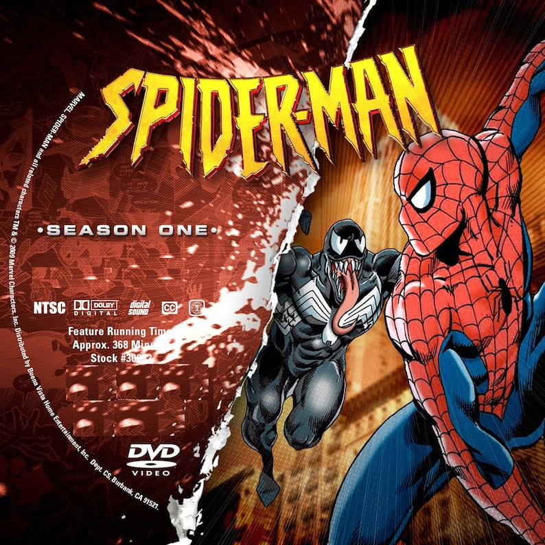 May include: DVD cover art for the first season of the animated series Spider-Man. The cover features a split image of Spider-Man and Venom, with the title "Spider-Man" in yellow letters and "Season One" in white letters.
