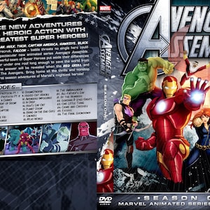 May include: DVD cover art for the first season of the animated series Avengers Assemble. The cover features Iron Man, Hulk, Thor, Captain America, Hawkeye, Black Widow, and Falcon. The text on the cover reads "Avengers Assemble" and "Season One".