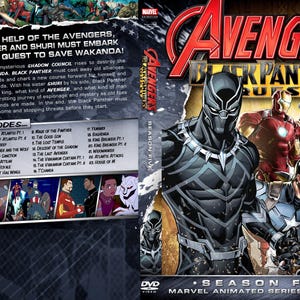 May include: A DVD cover for the animated series "Avengers: Black Panther's Quest". The cover features Black Panther, Iron Man, Captain America, Thor, and a female character. The text on the cover reads "Avengers: Black Panther's Quest" and "Season Five: Marvel Animated Series Collection".