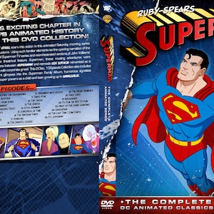 May include: DVD cover art for the complete animated series of Superman, featuring a red, blue, and yellow Superman logo and a cartoon image of Superman flying against a blue starry background. The back of the DVD case lists the episodes included in the collection.