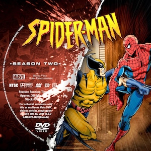 May include: DVD cover art for Spider-Man Season Two. The cover features a red and blue Spider-Man kicking a yellow Wolverine. The cover also includes the Marvel logo, Buena Vista Home Entertainment logo, and the text "Season Two".