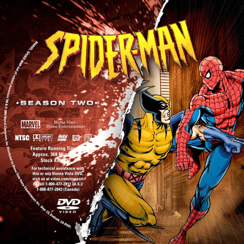 May include: DVD cover art for Spider-Man Season Two. The cover features a red and blue Spider-Man kicking a yellow Wolverine. The cover also includes the Marvel logo, Buena Vista Home Entertainment logo, and the text "Season Two".