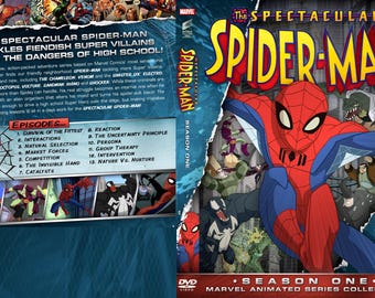 May include: DVD cover art for the animated series The Spectacular Spider-Man. The cover features a red and blue Spider-Man in a dynamic pose, with a ripped background revealing a scene of Spider-Man battling villains. The title "The Spectacular Spider-Man" is displayed in bold, yellow letters. The text "Season One" is also featured on the cover.
