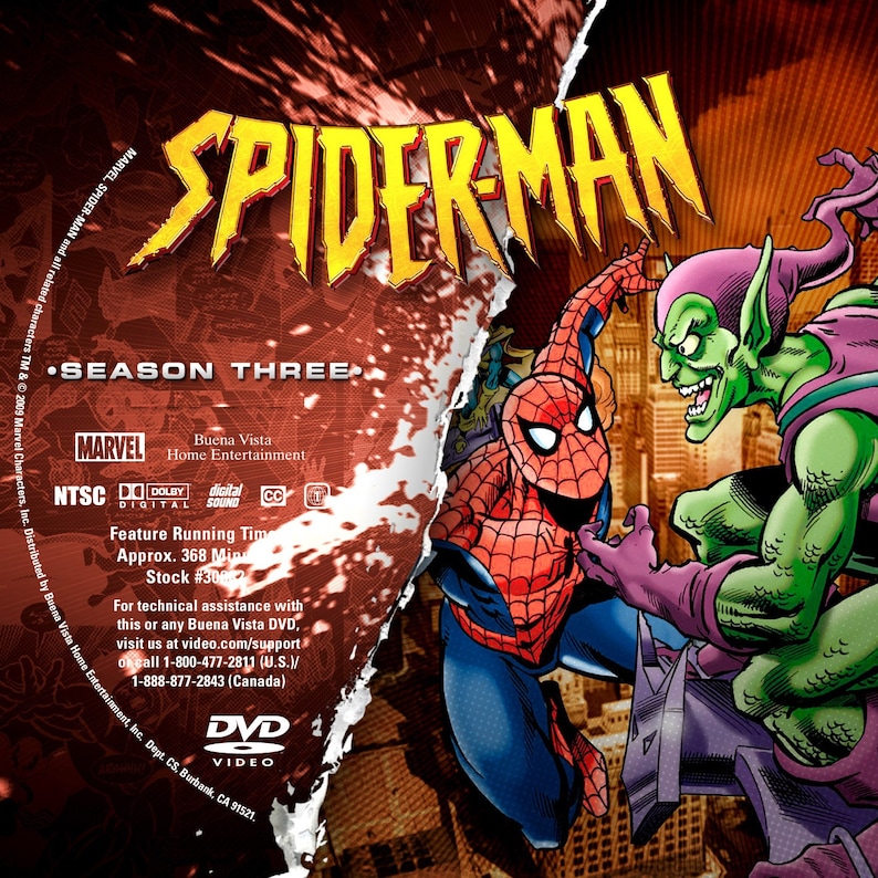 May include: DVD cover art for Spider-Man Season Three. The cover features a split image of Spider-Man and Green Goblin fighting. The text on the cover reads "Spider-Man", "Season Three", "Buena Vista Home Entertainment", "NTSC", "Dolby Digital", "Digital Sound", "Feature Running Time Approx. 368 Min", "Stock #308", and "DVD Video".