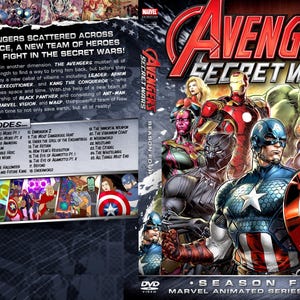 May include: A DVD cover for the animated series "Avengers: Secret Wars", season four. The cover features a group of superheroes, including Captain America, Iron Man, Black Panther, and Ms. Marvel, in a dynamic pose. The text "Avengers: Secret Wars" is prominently displayed in red and white.