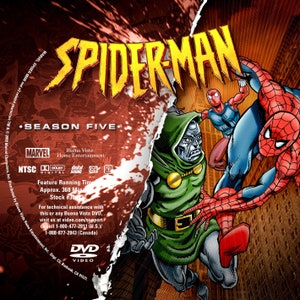 May include: DVD cover art for Spider-Man Season Five. The cover features a red and blue Spider-Man, Doctor Doom, and a red and blue Spider-Man character. The text on the cover reads "Spider-Man" and "Season Five".