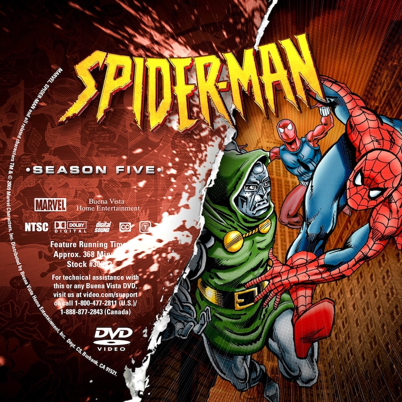 May include: DVD cover art for Spider-Man Season Five. The cover features a red and blue Spider-Man, Doctor Doom, and a red and blue Spider-Man character. The text on the cover reads "Spider-Man" and "Season Five".
