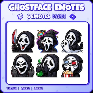 Ghostface Twitch Emotes – 6 Funny Horror Emotes Pack for Streamers | PNGs for Discord, Kick | Instant Download