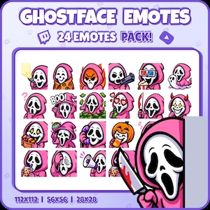 May include: A digital art pack featuring 24 Ghostface emotes in a pink hooded costume. Each emote displays a different expression or action, including holding a knife, wearing 3D glasses, and holding a megaphone. The text "GHOSTFACE EMOTES" and "24 EMOTES PACK!" are at the top.