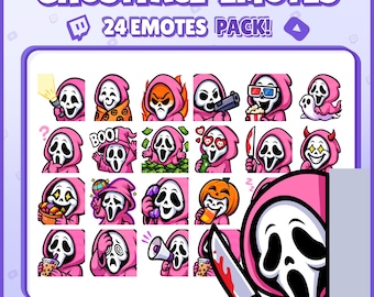 Pink Ghostface Emotes – 24 Cute Girly Ghost Twitch Emotes for Halloween, Streamers, VTubers, Discord – Digital PNG Download