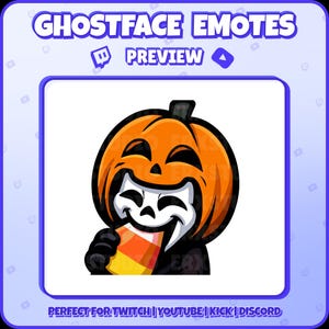 May include: A digital graphic of a Ghostface character wearing a pumpkin head, eating candy corn. The image has the text "GHOSTFACE EMOTES PREVIEW" in a blue and white frame. The image is designed for use on Twitch, YouTube, Kick, and Discord.
