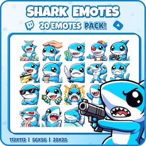 Shark Twitch Emotes – 20 Funny Shark Emote Pack for Streamers | PNGs for Discord, Kick | Instant Download