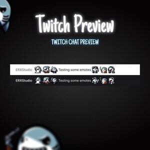 Puede incluir: Una vista previa de chat de Twitch con el texto "Twitch Preview" y "Twitch Chat Preview" en texto blanco sobre un fondo negro. La vista previa del chat muestra dos l&iacute;neas de texto con el texto "ERXStudio: Testing some emotes" y una serie de emojis de tibur&oacute;n animados.