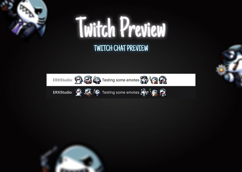 Puede incluir: Una vista previa de chat de Twitch con el texto "Twitch Preview" y "Twitch Chat Preview" en texto blanco sobre un fondo negro. La vista previa del chat muestra dos l&iacute;neas de texto con el texto "ERXStudio: Testing some emotes" y una serie de emojis de tibur&oacute;n animados.