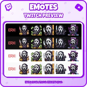 Puede incluir: Una vista previa de emotes de Twitch con una figura enmascarada en varias poses. Los emotes est&aacute;n en una cuadr&iacute;cula de cuatro filas y cuatro columnas. Los emotes son de diferentes colores, incluyendo verde, rojo, azul y morado. Los emotes tienen todos el mismo estilo, con un aspecto de dibujos animados. El texto "ERX: " se muestra en la esquina superior izquierda de cada fila. El texto "EMOTES" se muestra en la parte superior central de la imagen. El texto "TWITCH PREVIEW" se muestra debajo del texto "EMOTES". El texto "ETSY.COM/SHOP/ERXSTUDIO" se muestra en la parte inferior central de la imagen.