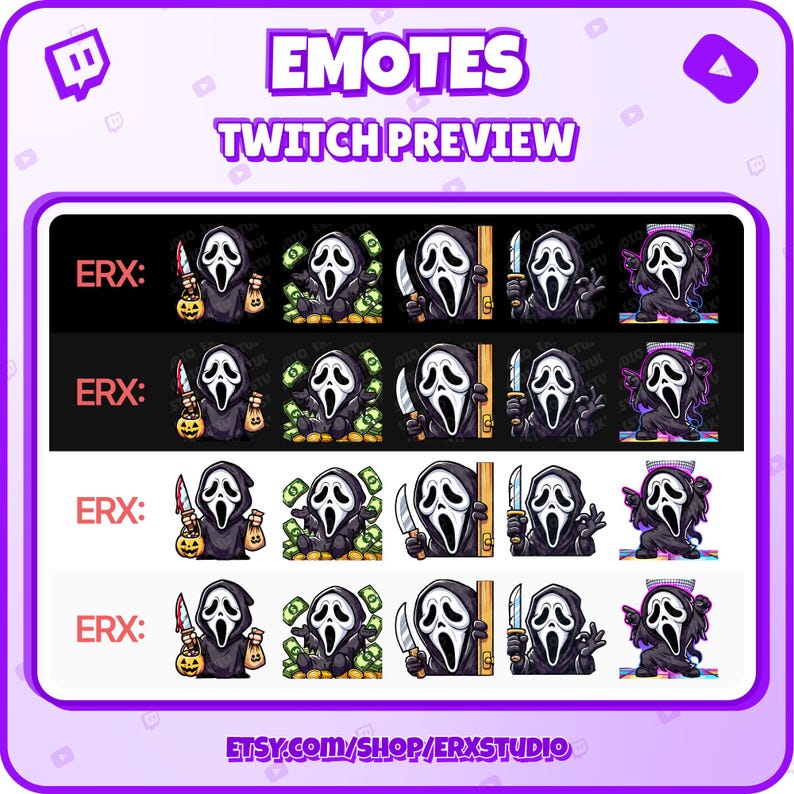 Puede incluir: Una vista previa de emotes de Twitch con una figura enmascarada en varias poses. Los emotes est&aacute;n en una cuadr&iacute;cula de cuatro filas y cuatro columnas. Los emotes son de diferentes colores, incluyendo verde, rojo, azul y morado. Los emotes tienen todos el mismo estilo, con un aspecto de dibujos animados. El texto "ERX: " se muestra en la esquina superior izquierda de cada fila. El texto "EMOTES" se muestra en la parte superior central de la imagen. El texto "TWITCH PREVIEW" se muestra debajo del texto "EMOTES". El texto "ETSY.COM/SHOP/ERXSTUDIO" se muestra en la parte inferior central de la imagen.