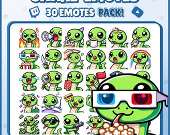 Emotes de serpiente: 30 emotes chibi de Twitch para streamers, VTubers y Discord. Paquete PNG de reacción de dibujos animados de alto contraste.