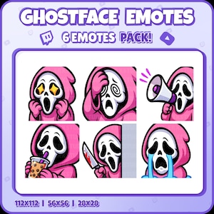 Könnte beinhalten: Eine digitale Grafik mit sechs Ghostface-Emotes in einem rosa Kapuzenmantel. Jedes Emote zeigt einen anderen Ausdruck, darunter Sterne für die Augen, ein schwindeliges Gesicht und das Halten eines Megaphons. Der Text "GHOSTFACE EMOTES" und "6 EMOTES PACK!" wird angezeigt.