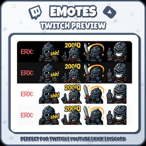 Puede incluir: Vista previa de emotes de Twitch con un personaje de caballero en varias poses. Los emotes incluyen expresiones como "&iexcl;shh!", un pulgar hacia arriba, sosteniendo una espada y un gesto. Tambi&eacute;n est&aacute; presente el texto "ERX" y "200IQ".