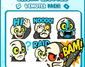 Skull Twitch Emotes – 6 Funny Cyber Skull Emotes for Streamers, Discord, VTubers – PNG Digital Download Pack