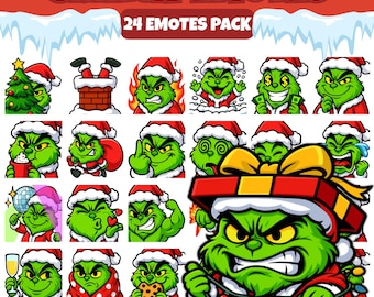 May include: A collection of 24 Grinch-themed emotes, each featuring the Grinch in various expressions and poses, wearing a Santa hat and red suit. The image includes the text "GRINCH EMOTES" and size dimensions.