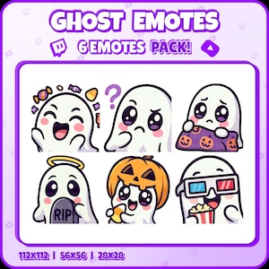 Ghost Twitch Emotes – 6 Cute and Spooky Ghost Emotes for Streamers, VTubers, Discord – Halloween PNG Digital Download
