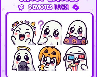 Ghost Twitch Emotes – 6 Cute and Spooky Ghost Emotes for Streamers, VTubers, Discord – Halloween PNG Digital Download