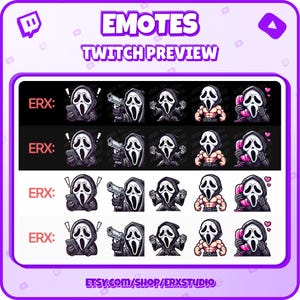 Puede incluir: Una vista previa de los emotes de Twitch que presentan a un personaje con una m&aacute;scara blanca y cabello negro en varias poses. Los emotes incluyen al personaje sosteniendo un tel&eacute;fono, una pistola y un cuchillo. El texto "ERX: " aparece en la esquina superior izquierda de cada emote.