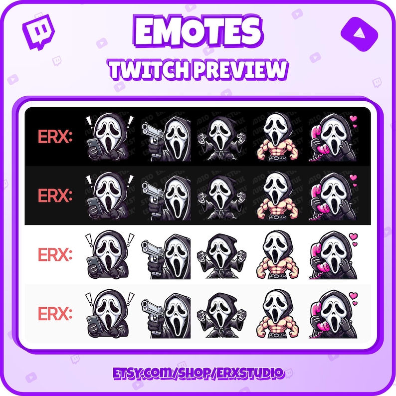 Puede incluir: Una vista previa de los emotes de Twitch que presentan a un personaje con una m&aacute;scara blanca y cabello negro en varias poses. Los emotes incluyen al personaje sosteniendo un tel&eacute;fono, una pistola y un cuchillo. El texto "ERX: " aparece en la esquina superior izquierda de cada emote.