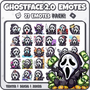 May include: A set of 27 Ghostface emoticons in various poses and expressions. The emoticons are in a grid format with a white background. The emoticons are all black and white with a red mouth and eyes. The text "Ghostface 2.0 Emotes" and "27 Emotes Pack!" is at the top of the image. The text "112x112 | 56x56 | 28x28" is at the bottom of the image.